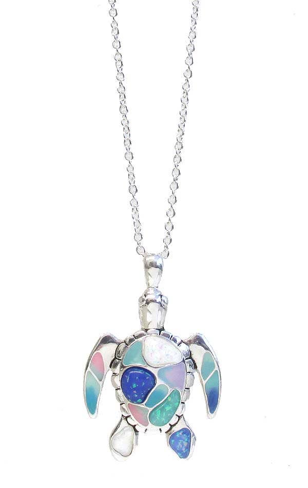 ( V202 )  SEALIFE OPAL PENDANT NECKLACE - TURTLE SEAGLASS