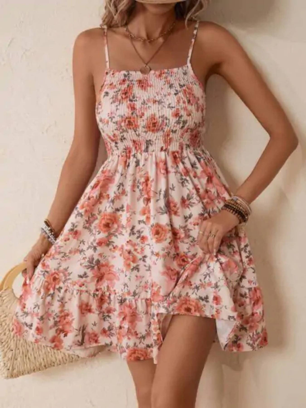 Rose Floral Smocked Ruffle Cami Dress
