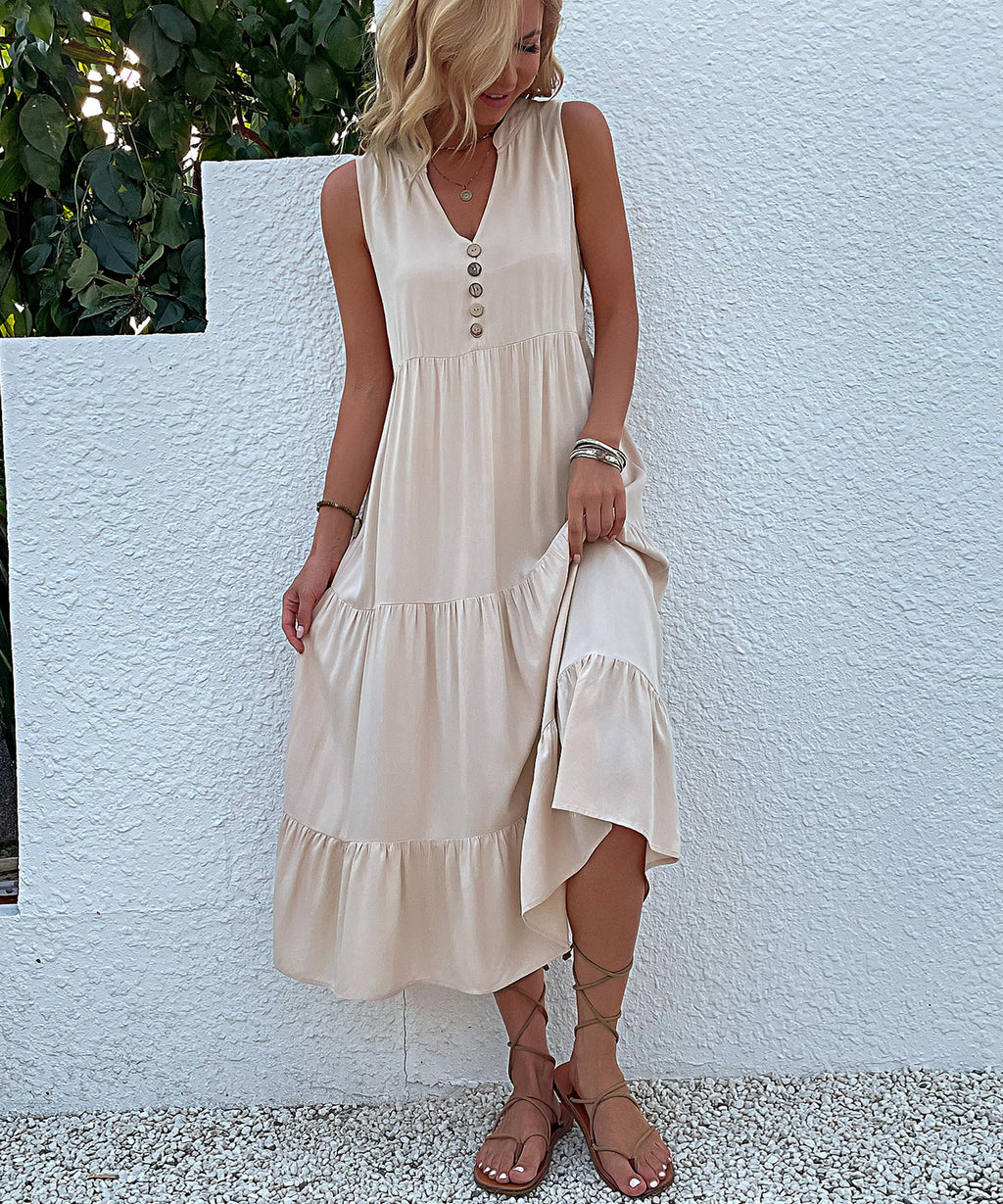Decorative Button Sleeveless Tired Midi Dress