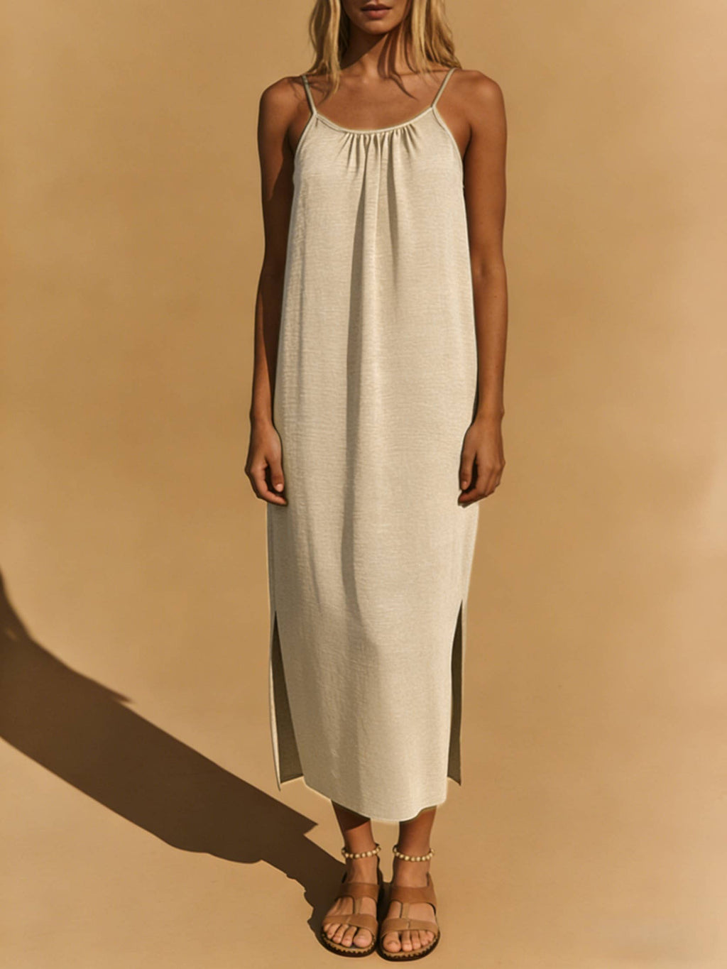 Women's Beige Backless Cami Maxi Dress – Side Slit Lounge Beach Dress