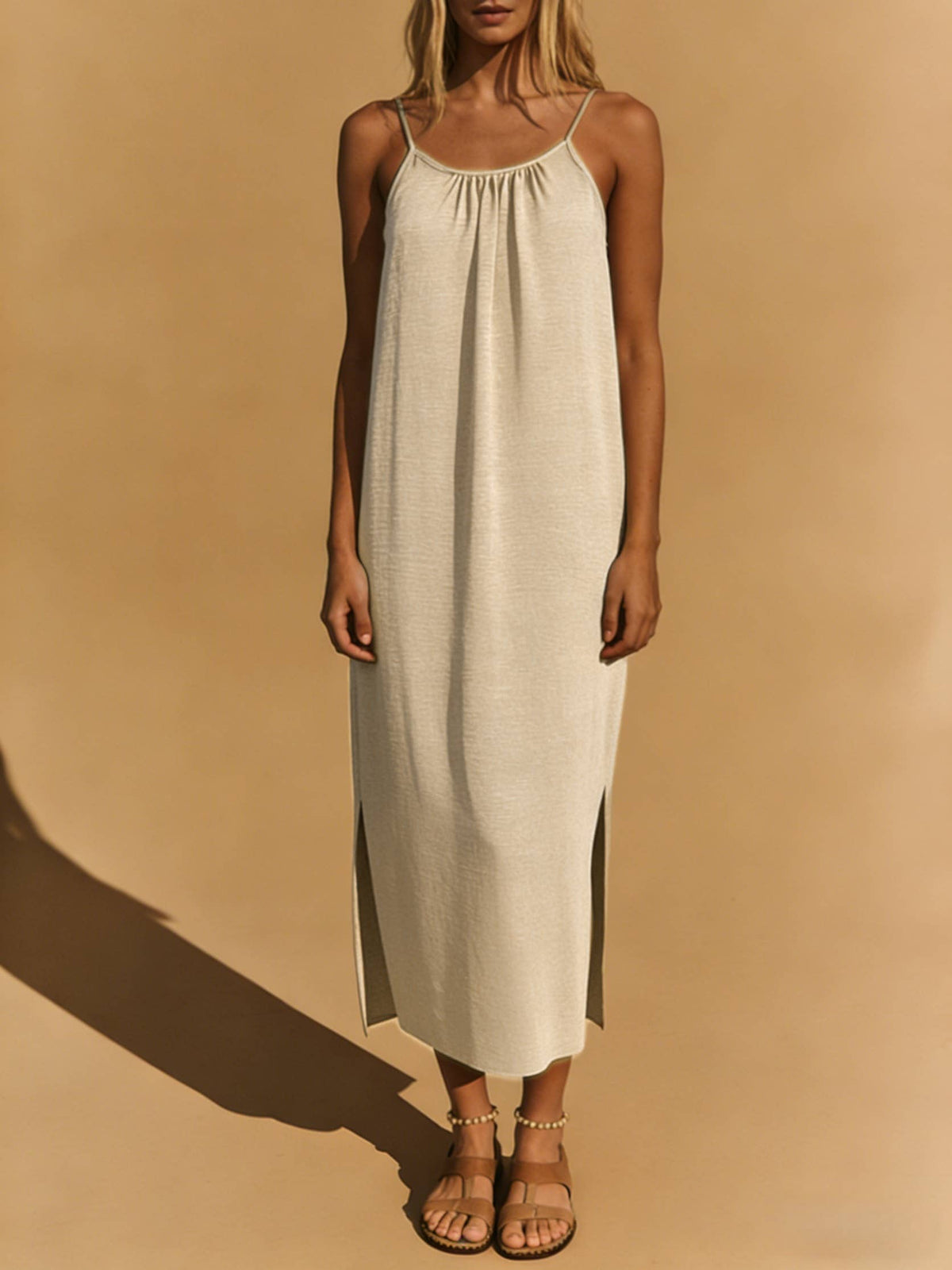 Women's Beige Backless Cami Maxi Dress – Side Slit Lounge Beach Dress