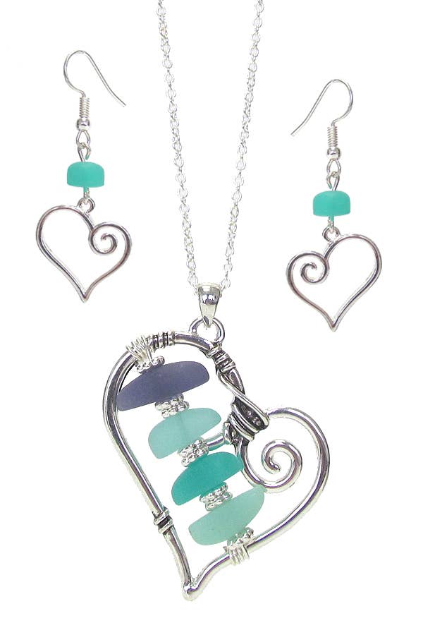Sea Glass Heart Pendant Necklace Set – Boho Beach Jewelry Gift Set