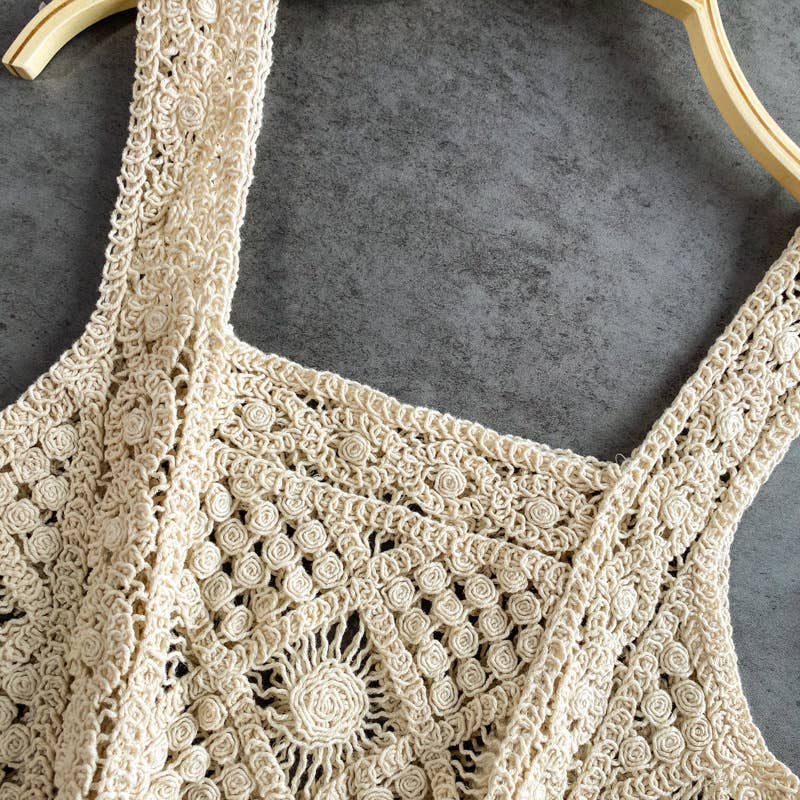 Women's Ecru Crochet Lace Crop Tank Top – Boho Summer Resort Square Neck Top