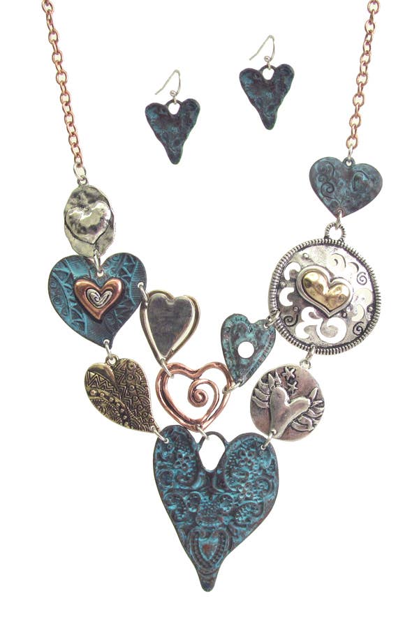 Multi Heart Link Bib Necklace Set – Romantic Layered Statement Necklace Gift