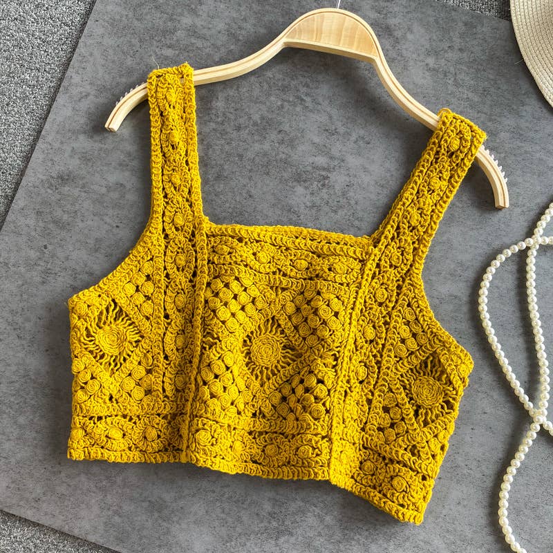 Women's Ecru Crochet Lace Crop Tank Top – Boho Summer Resort Square Neck Top
