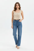 Women's Ecru Crochet Lace Crop Tank Top – Boho Summer Resort Square Neck Top