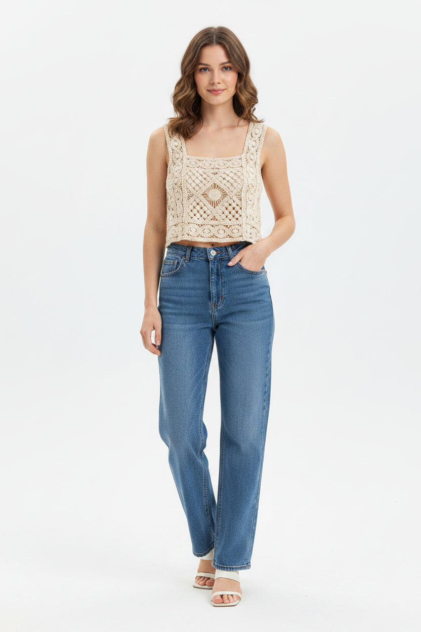 Women's Ecru Crochet Lace Crop Tank Top – Boho Summer Resort Square Neck Top