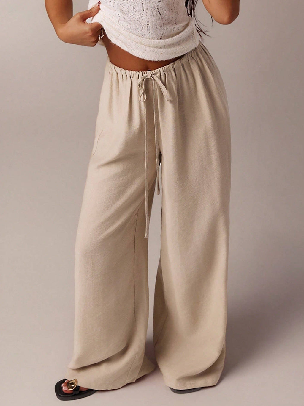 Women's Beige Wide-Leg Casual Pants – Elastic Waist Drawstring Relaxed Trousers