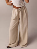 Women's Beige Wide-Leg Casual Pants – Elastic Waist Drawstring Relaxed Trousers