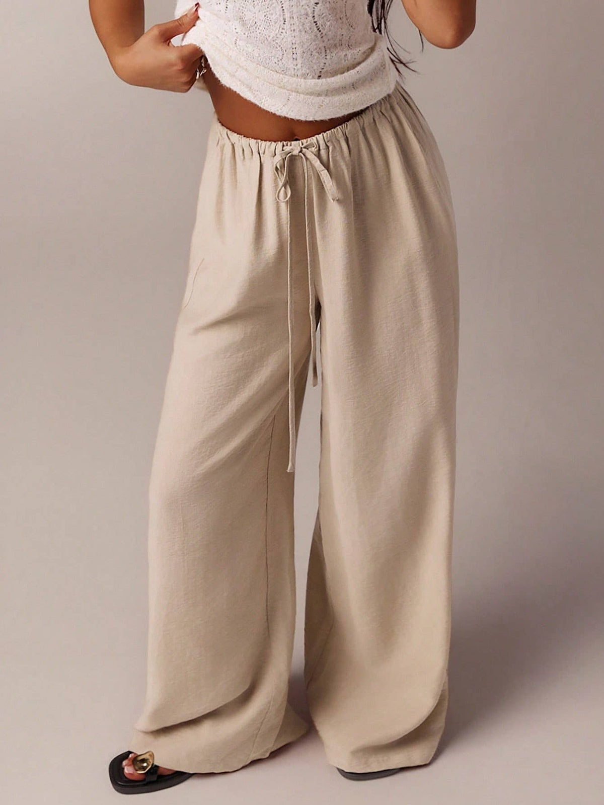 Women's Beige Wide-Leg Casual Pants – Elastic Waist Drawstring Relaxed Trousers