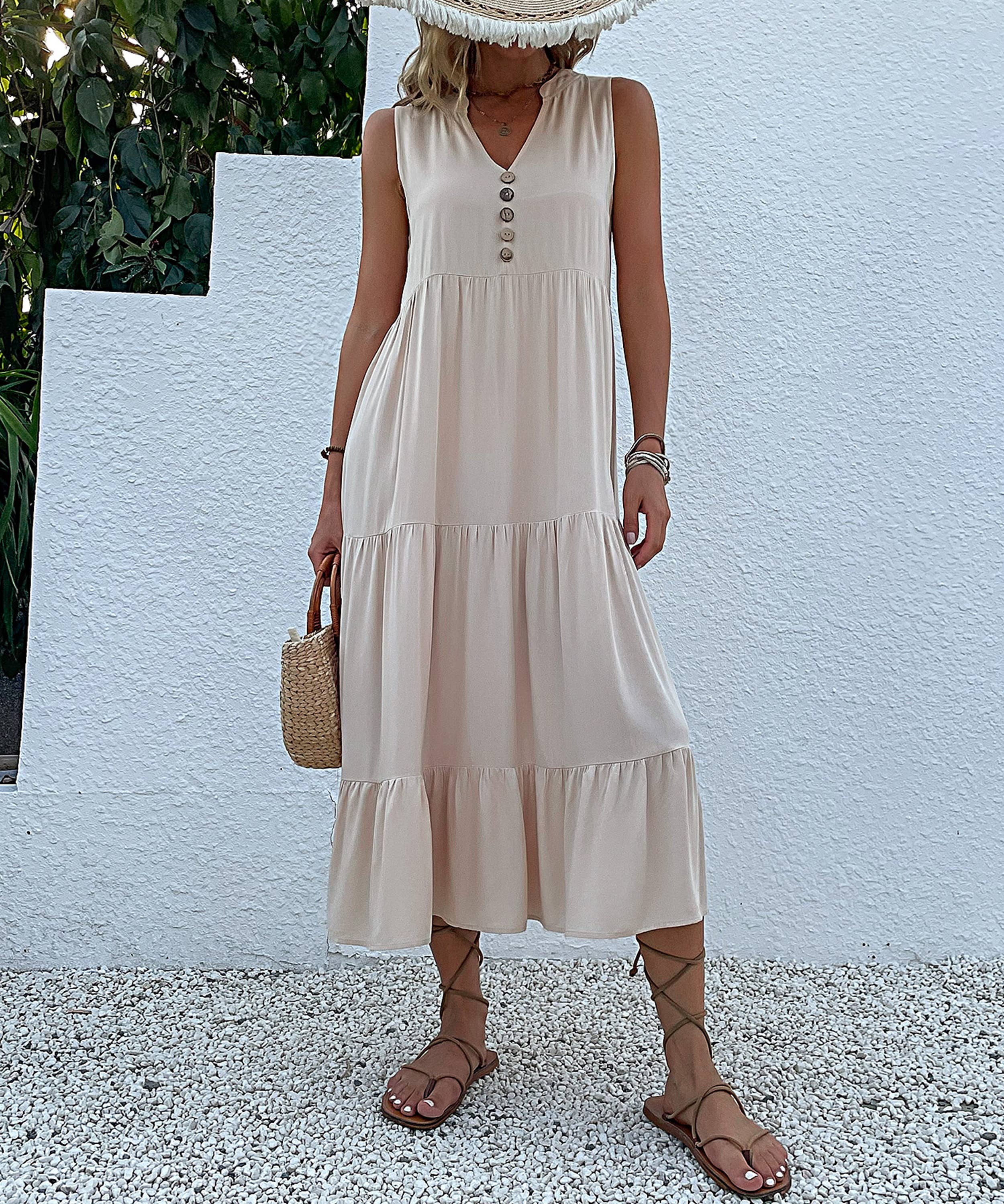 Decorative Button Sleeveless Tired Midi Dress