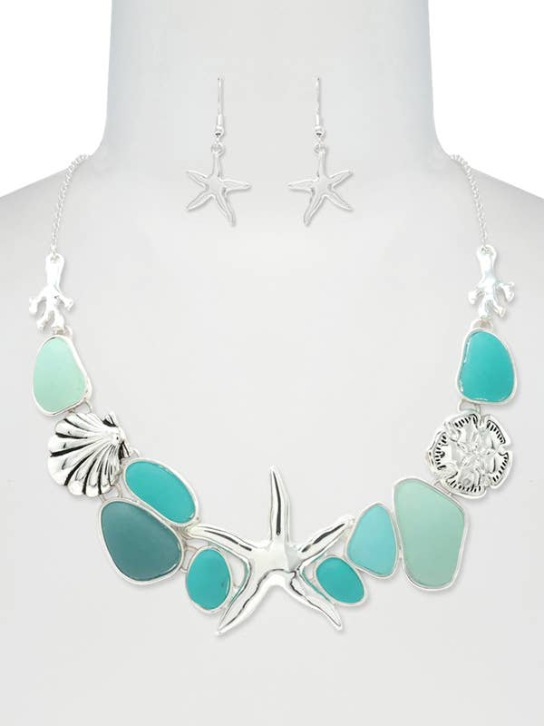 Starfish Sea Glass Mix Necklace Set – Boho Beach Statement Pendant Necklace