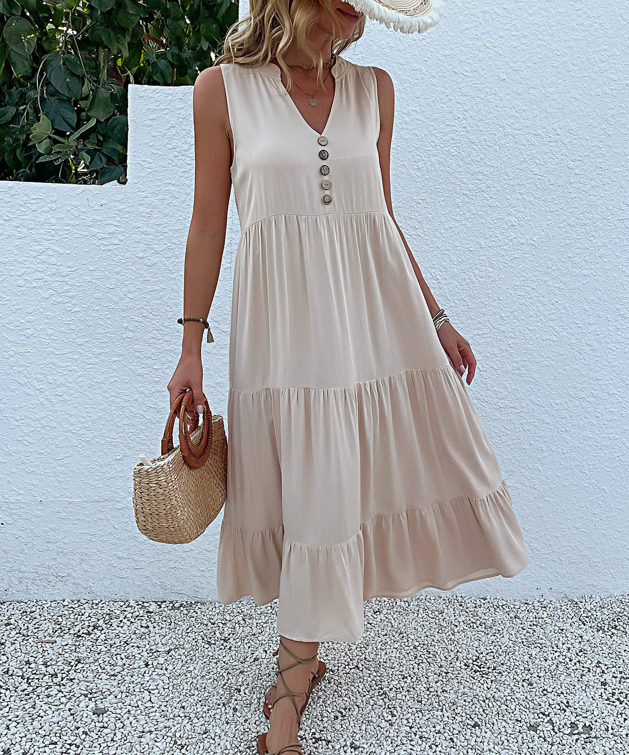 Decorative Button Sleeveless Tired Midi Dress