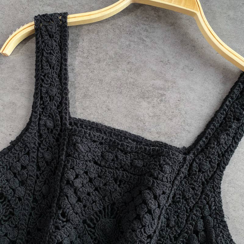 Women's Ecru Crochet Lace Crop Tank Top – Boho Summer Resort Square Neck Top