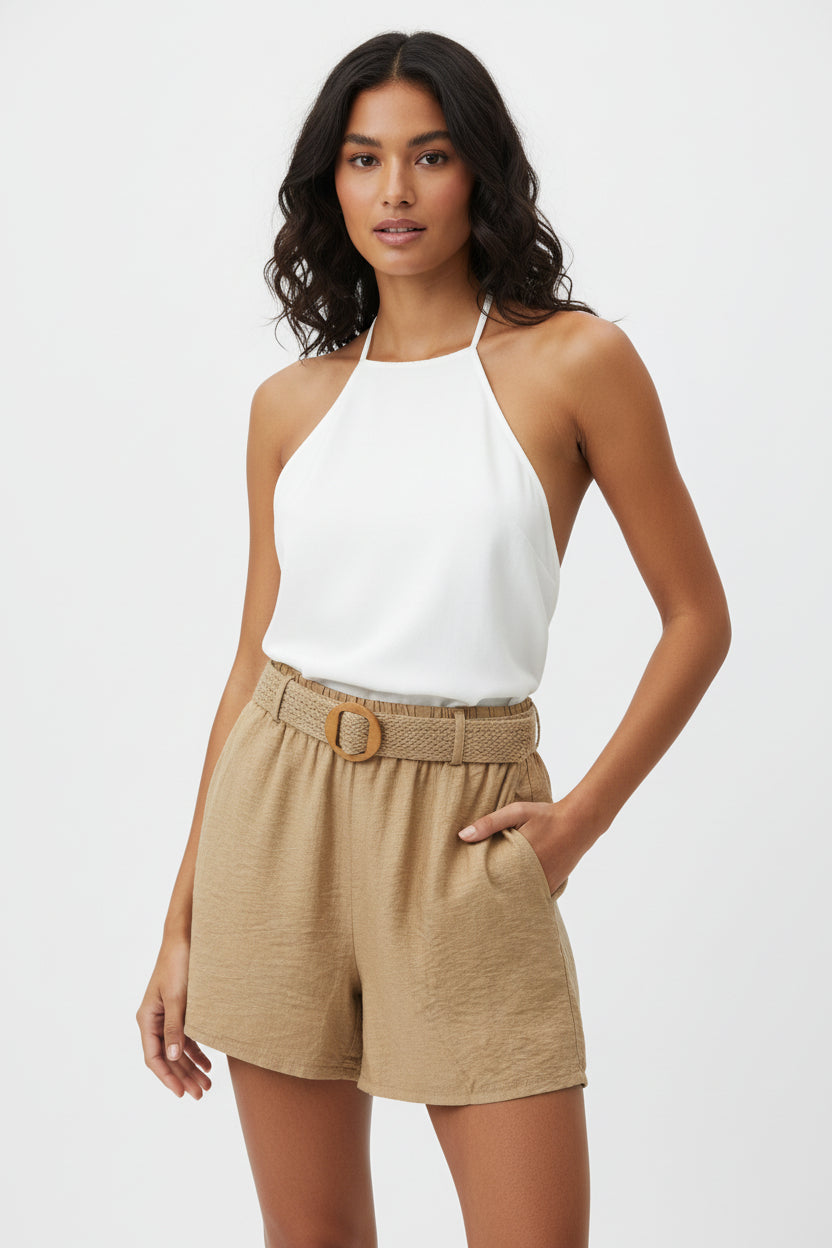 Flowy Shorts with Braided Belt Camel 8406