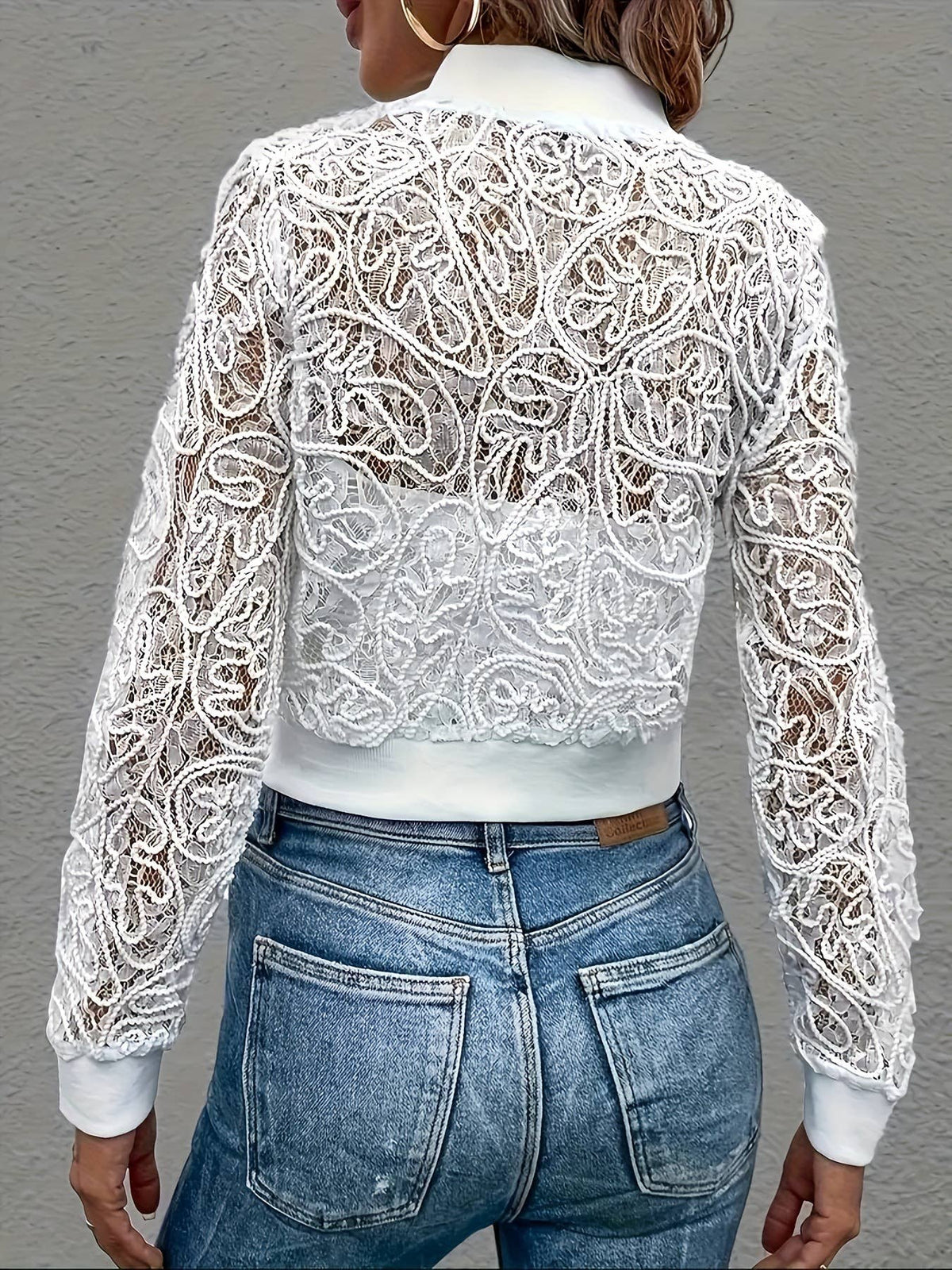 Women's White Openwork Floral Lace Crop Jacket – Lightweight Boho Bomber Cover Up