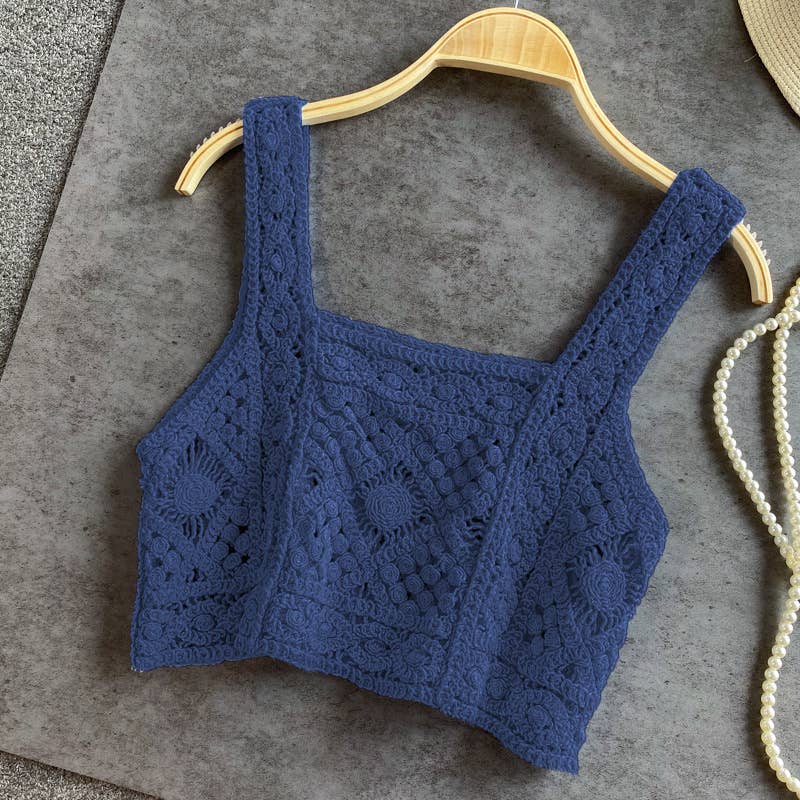 Women's Ecru Crochet Lace Crop Tank Top – Boho Summer Resort Square Neck Top