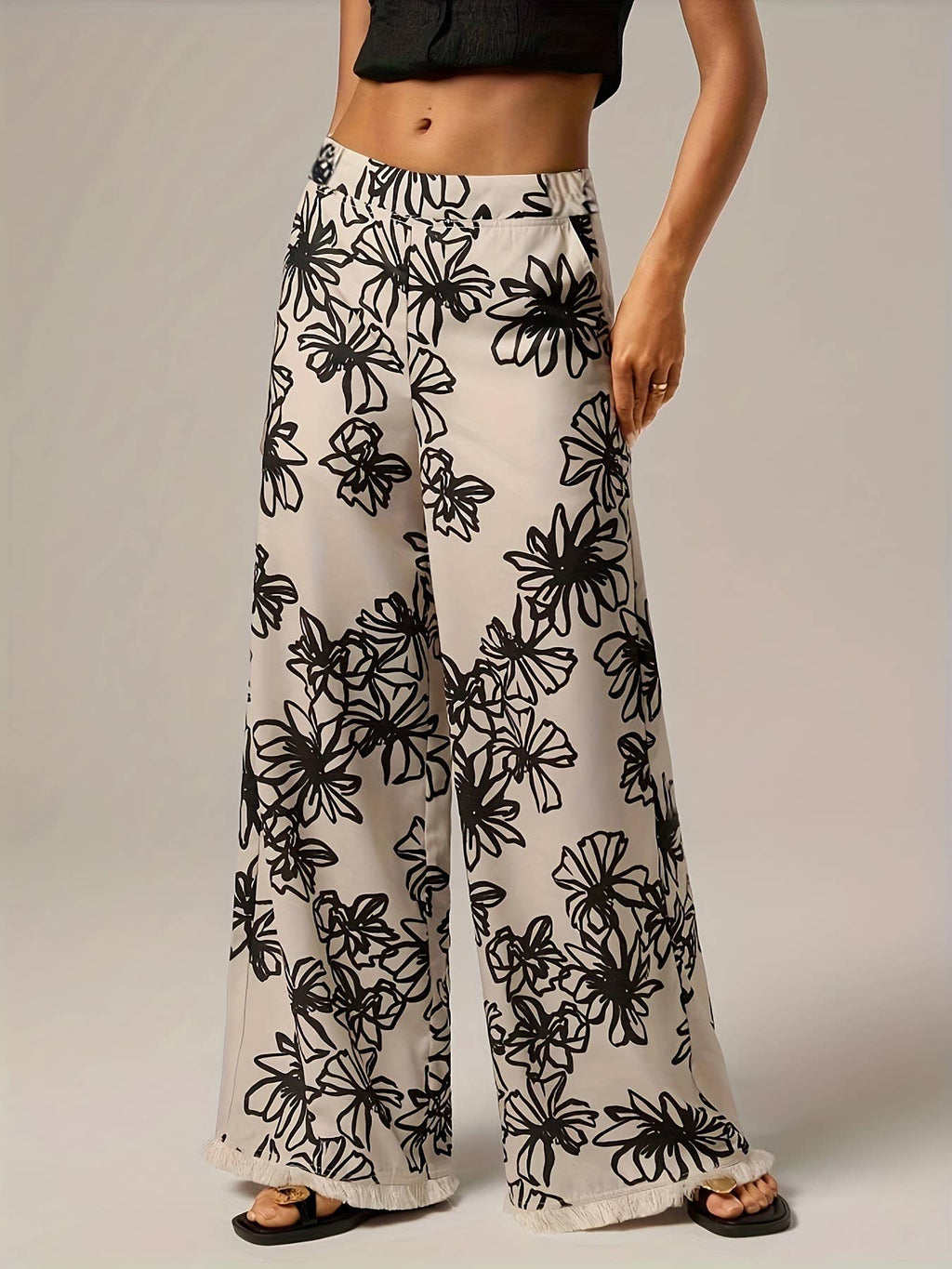 Vacation Pants Plant Print Wide-Leg Pants