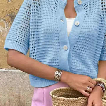 Hollow-Out Short-Sleeve Cardigan Open Knit Beach Cover Up