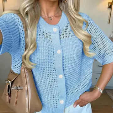 Hollow-Out Short-Sleeve Cardigan Open Knit Beach Cover Up