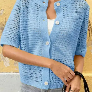 Hollow-Out Short-Sleeve Cardigan Open Knit Beach Cover Up