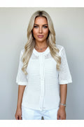 Women's White Open Knit Cardigan Beach Cover Up – Hollow-Out Short Sleeve Swimsuit Cover