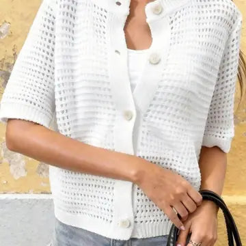 Hollow-Out Short-Sleeve Cardigan Open Knit Beach Cover Up