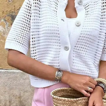 Hollow-Out Short-Sleeve Cardigan Open Knit Beach Cover Up