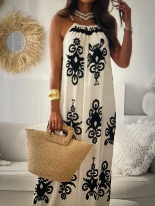Black Floral Halter Maxi Dress – Sleeveless Strappy Summer Dress
