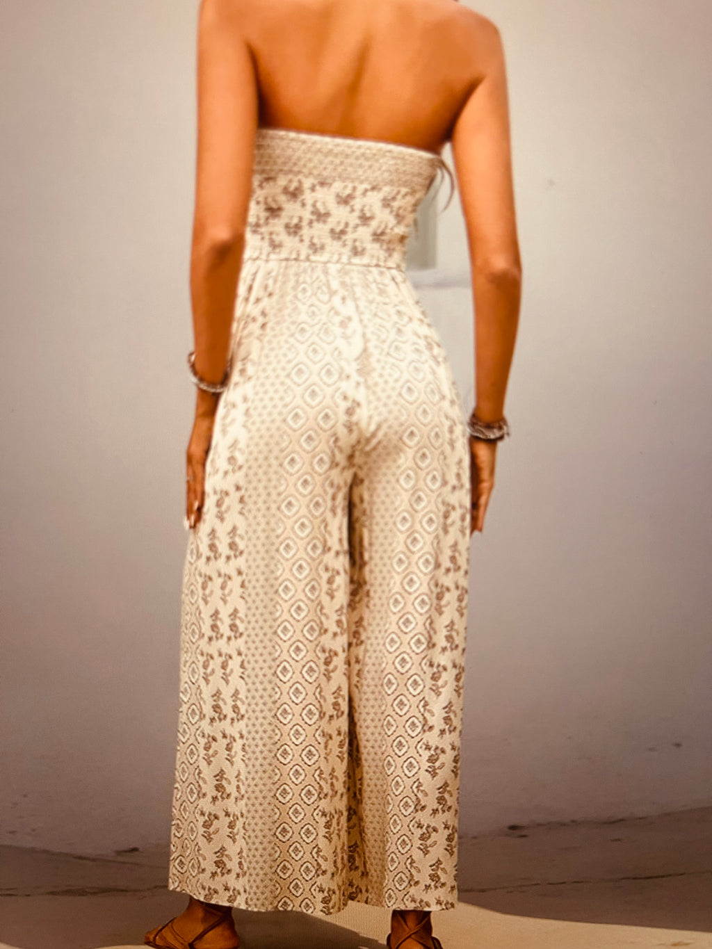 Strapless Smocked Romper Tube Top Flare Trousers Jumpsuit
