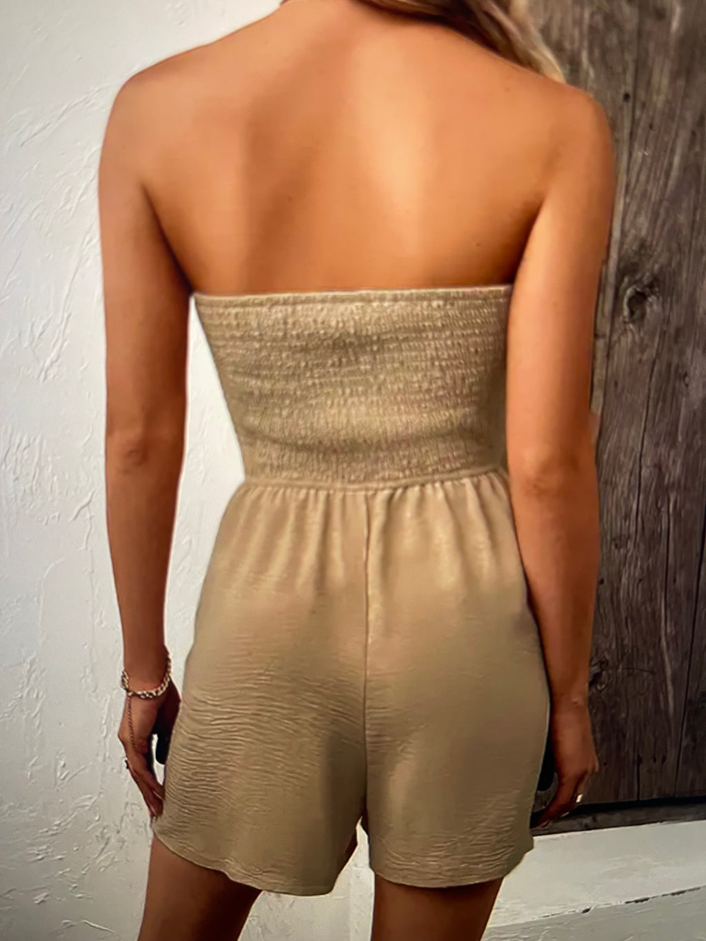 Decorative Button Smocked Strapless Romper