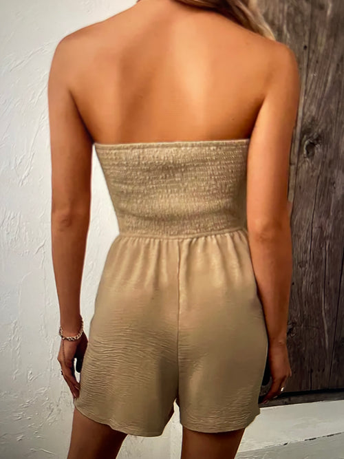 Decorative Button Smocked Strapless Romper