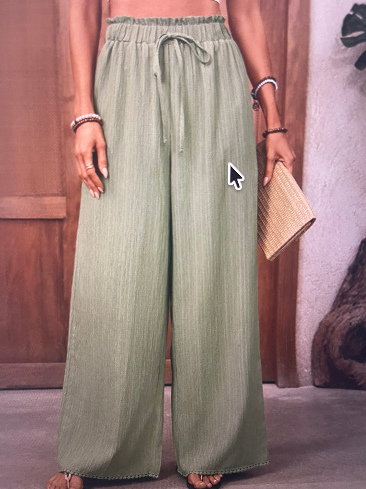 Women's Textured High-Waist Wide-Leg Pants – Drawstring Relaxed Trousers