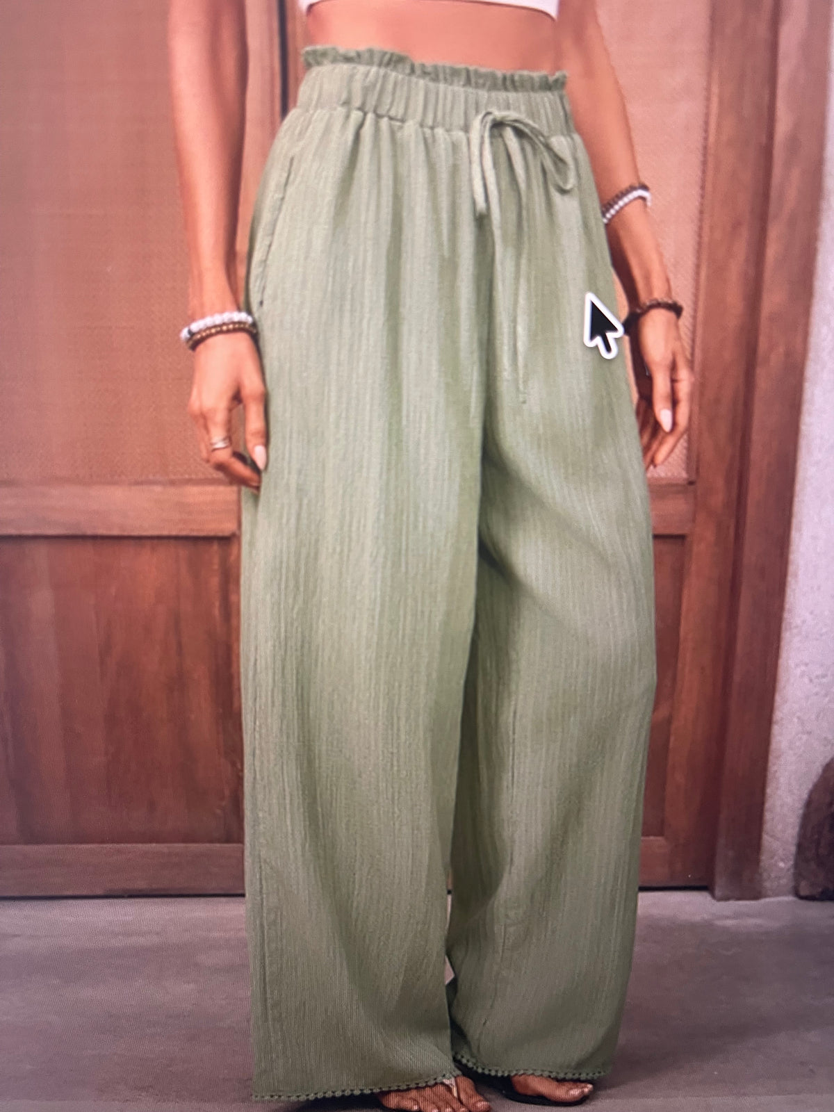 Women's Textured High-Waist Wide-Leg Pants – Drawstring Relaxed Trousers