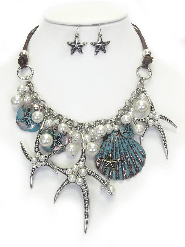 Starfish & Shell Mix Statement Necklace – Boho Beach Pearl Layered Necklace