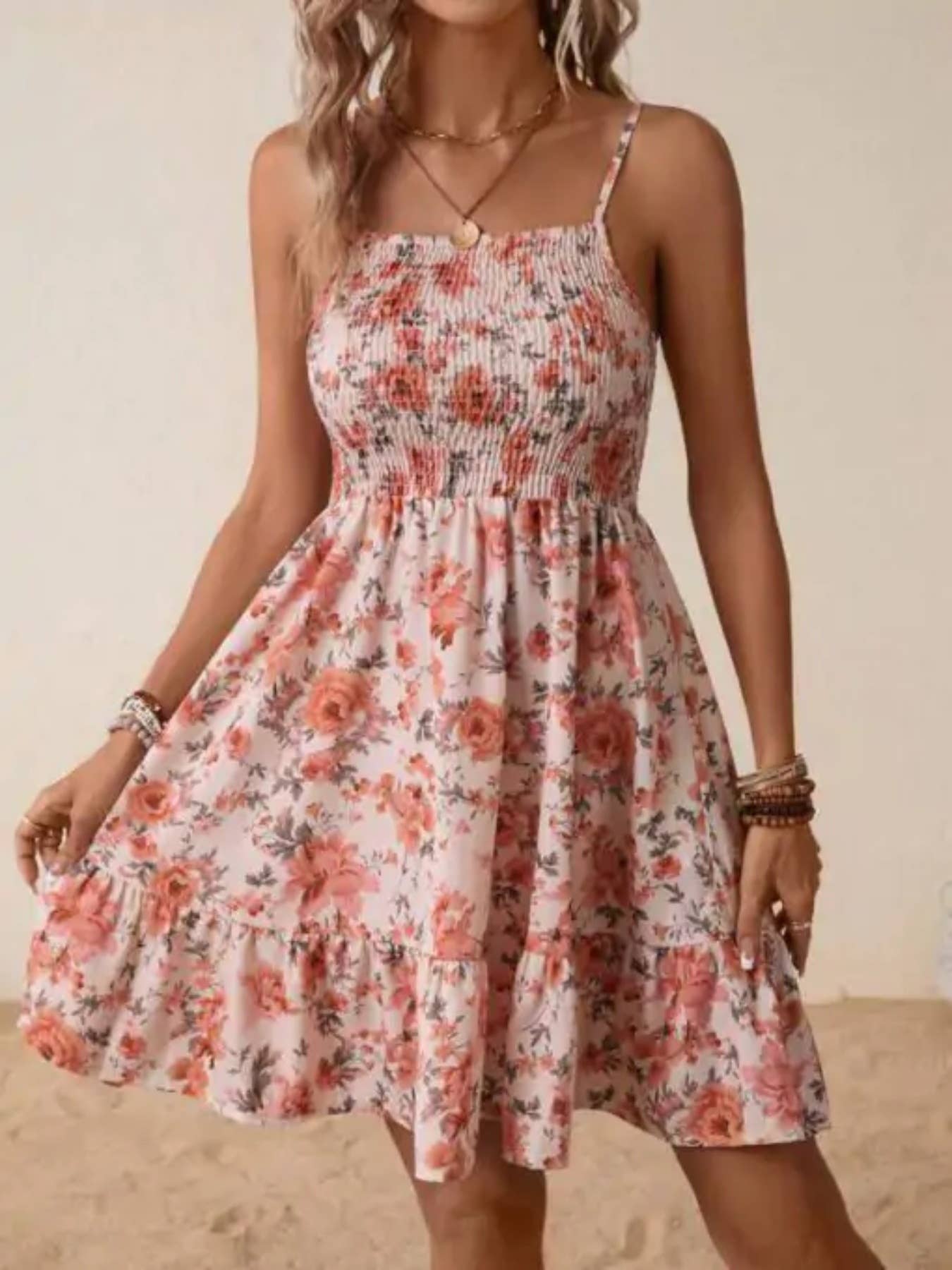 Rose Floral Smocked Ruffle Cami Dress