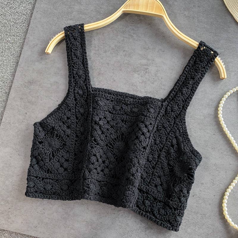 Women's Ecru Crochet Lace Crop Tank Top – Boho Summer Resort Square Neck Top