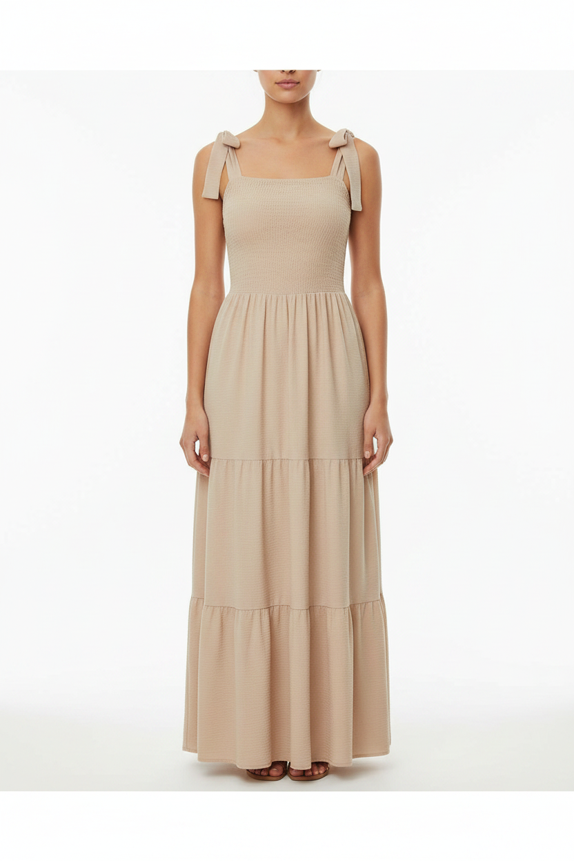 Beige Square Neck Tiered Dress