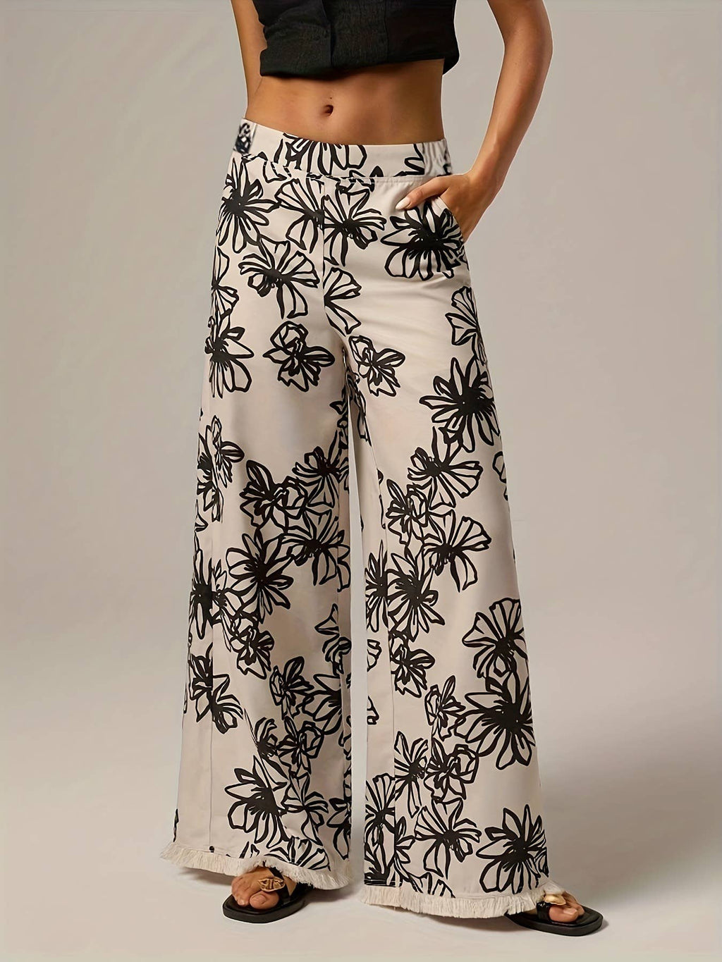 Vacation Pants Plant Print Wide-Leg Pants