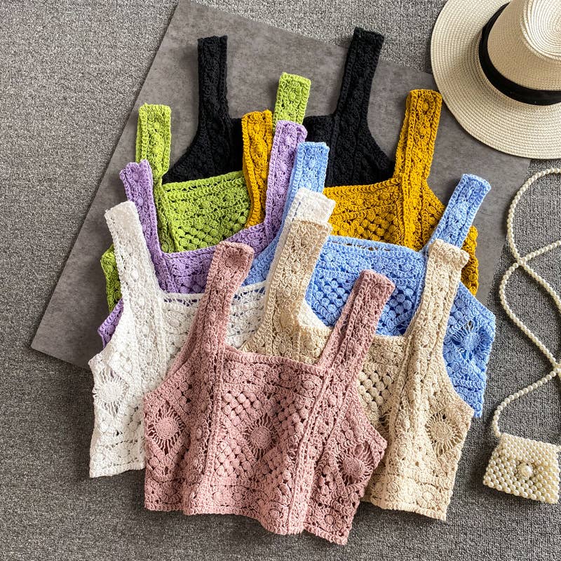 Women's Ecru Crochet Lace Crop Tank Top – Boho Summer Resort Square Neck Top