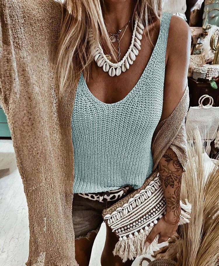 Sleeveless Knitted Plain Color Vest Top