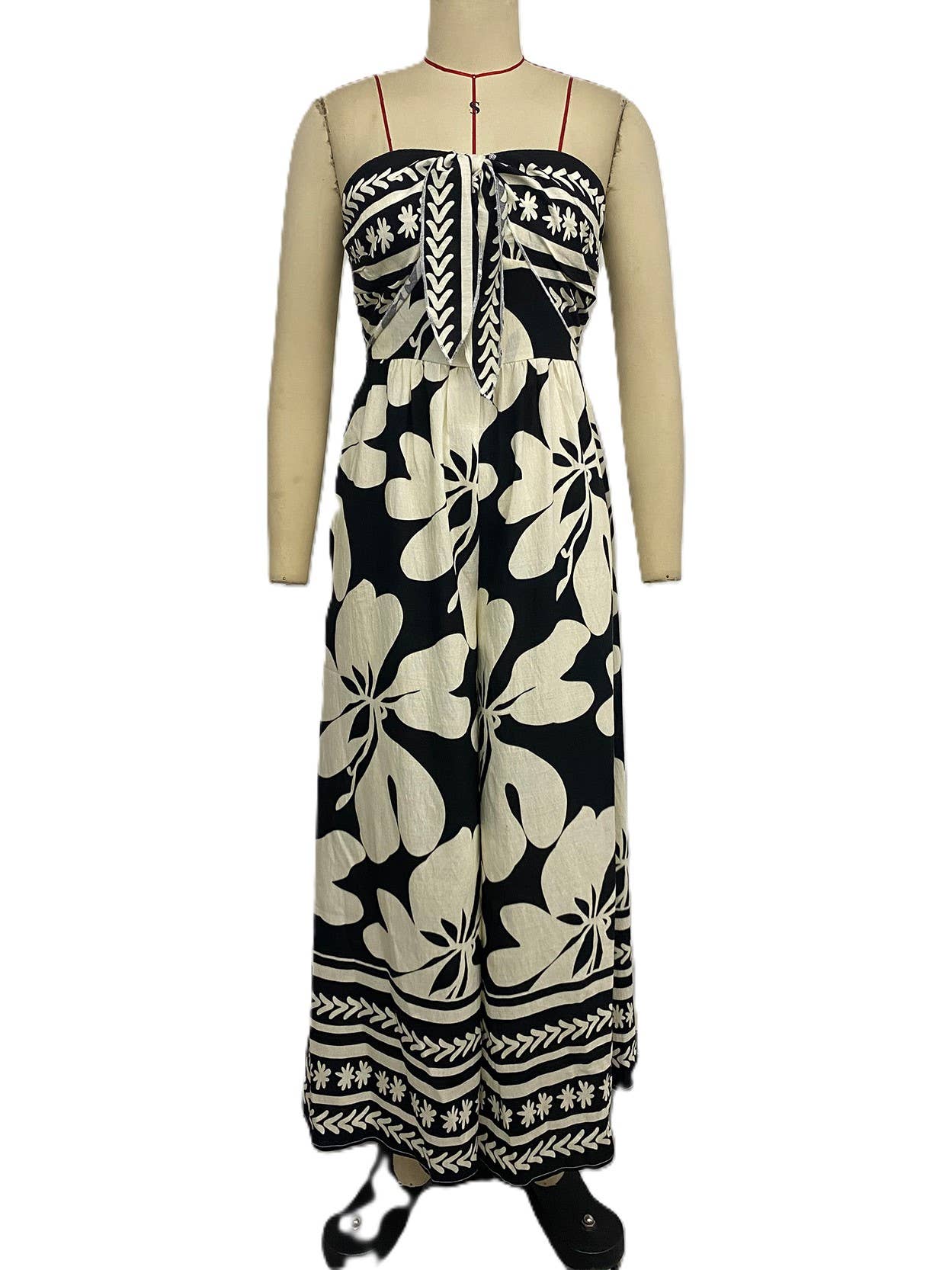 Strapless Floral Print Tie-Front Ruched Jumpsuit