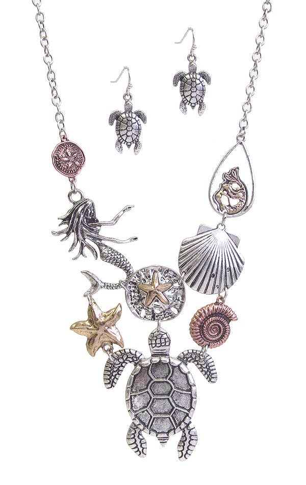 Sealife Necklace Set – Turtle Mermaid Shell Boho Beach Pendant Necklace