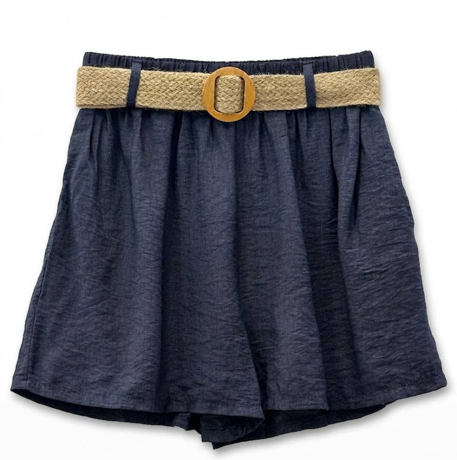 Flowy Shorts with Braided Belt Navy Blue 8406