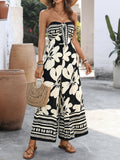 Strapless Floral Print Tie-Front Ruched Jumpsuit
