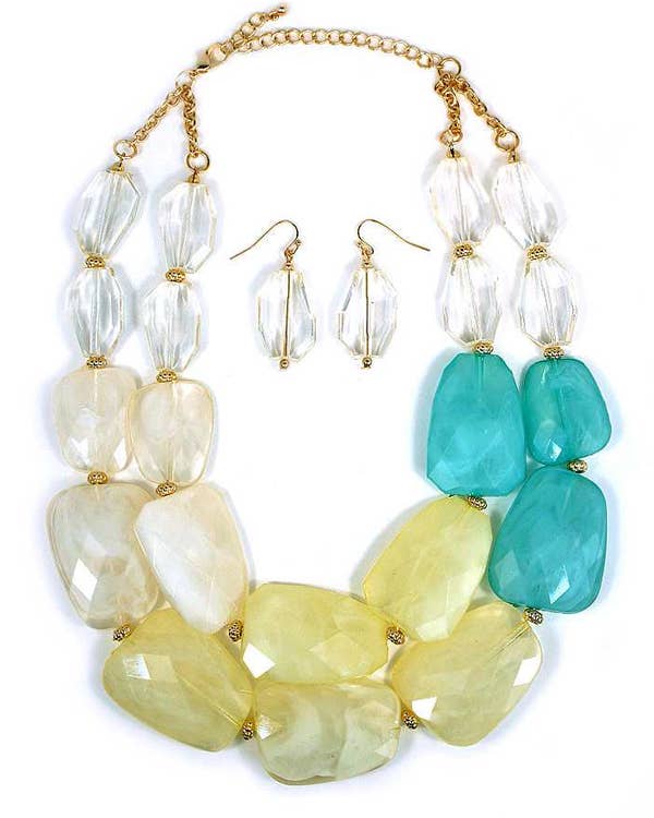 Chunky Resin Stone Necklace Set – Double Chain Boho Statement Necklace Gift