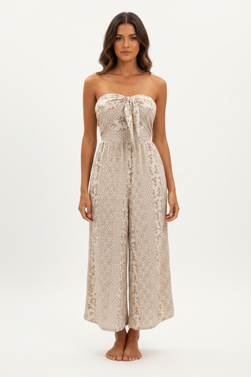 Women's Strapless Smocked Tube Top Wide-Leg Jumpsuit - Boho Flare Trousers Romper