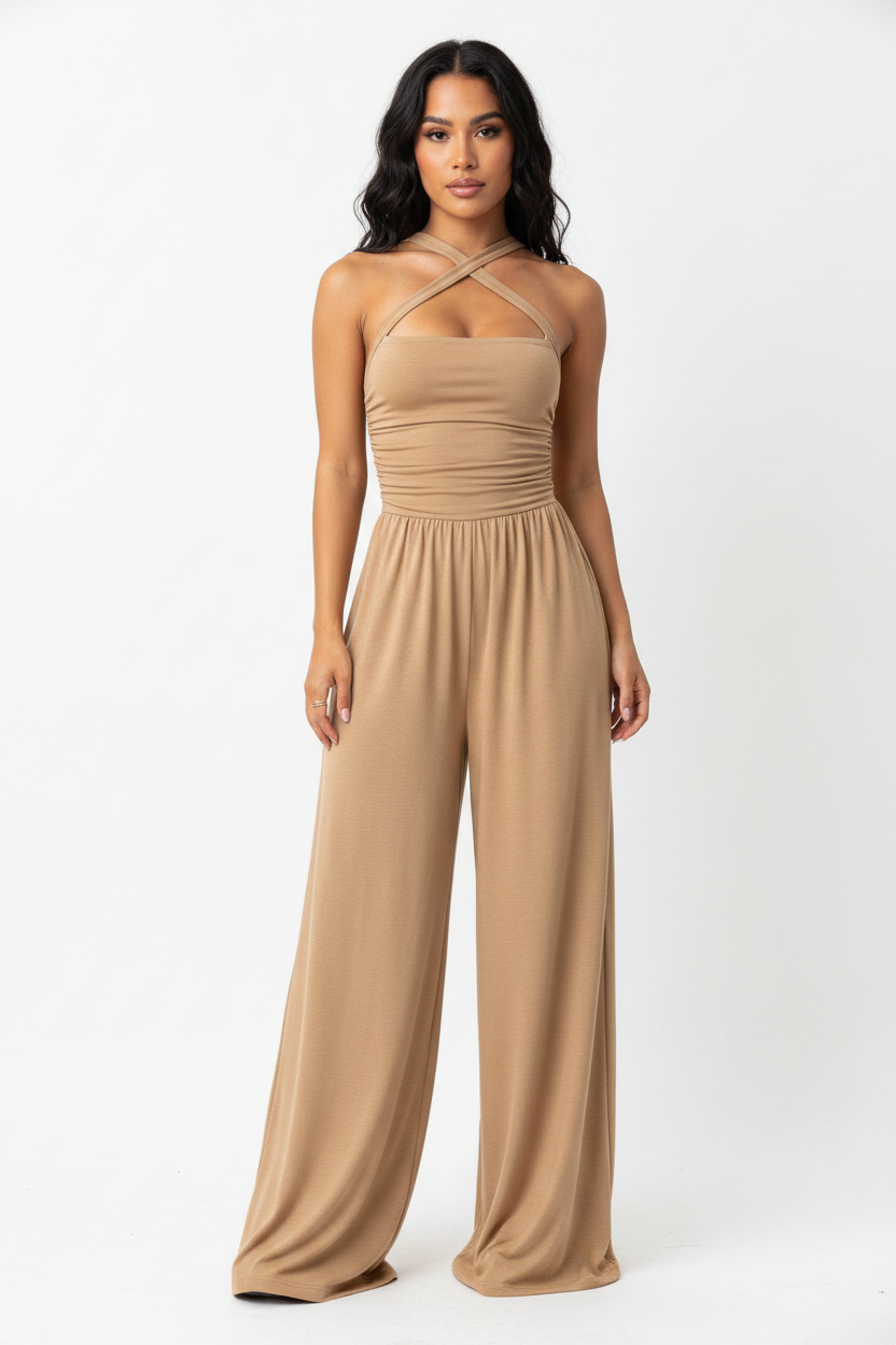 Women's Cross Strap Halter Neck Backless Wide-Leg Jumpsuit - Boho Summer Outfit