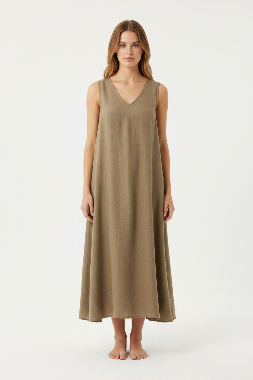 Women's Linen Blend V-Neck Midi Dress - A-Line Vacation Maxi Dress