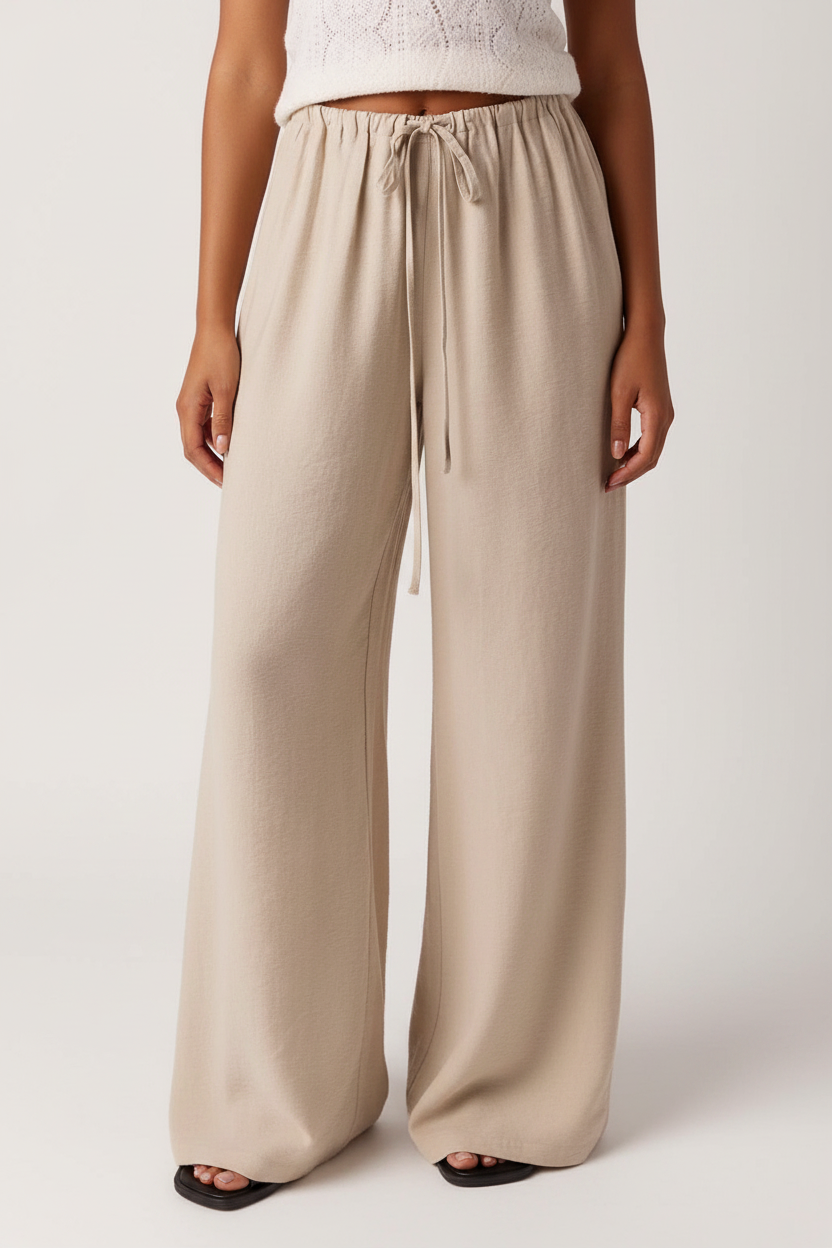 Women's Beige Wide-Leg Casual Pants - Elastic Waist Drawstring Relaxed Trousers